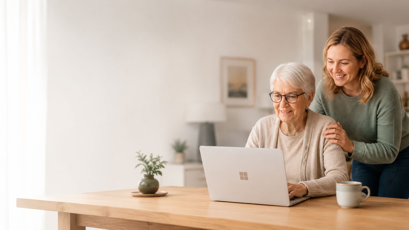 An older woman and her adult daughter using a Windows laptop together at home